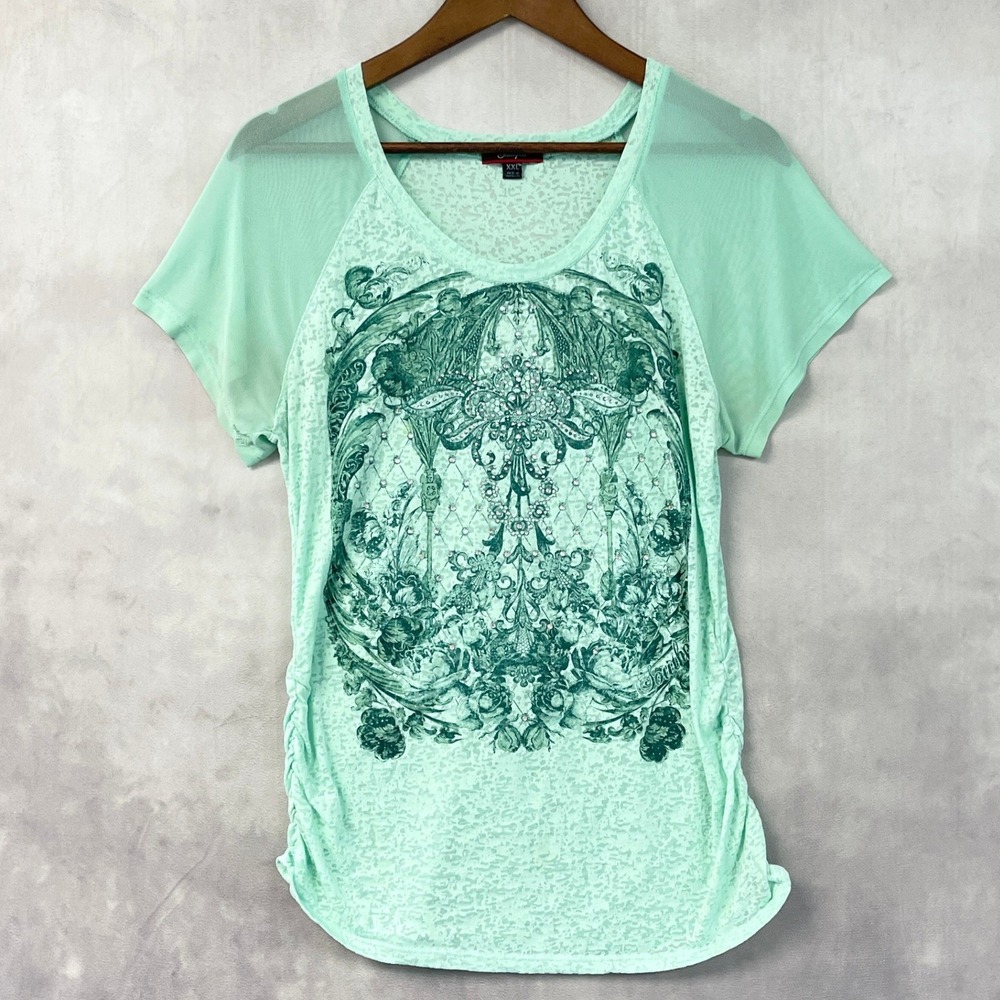 Southpole Womens Burnout Graphic T-Shirt XXL Rhinestone Y2K McBling Top Indie